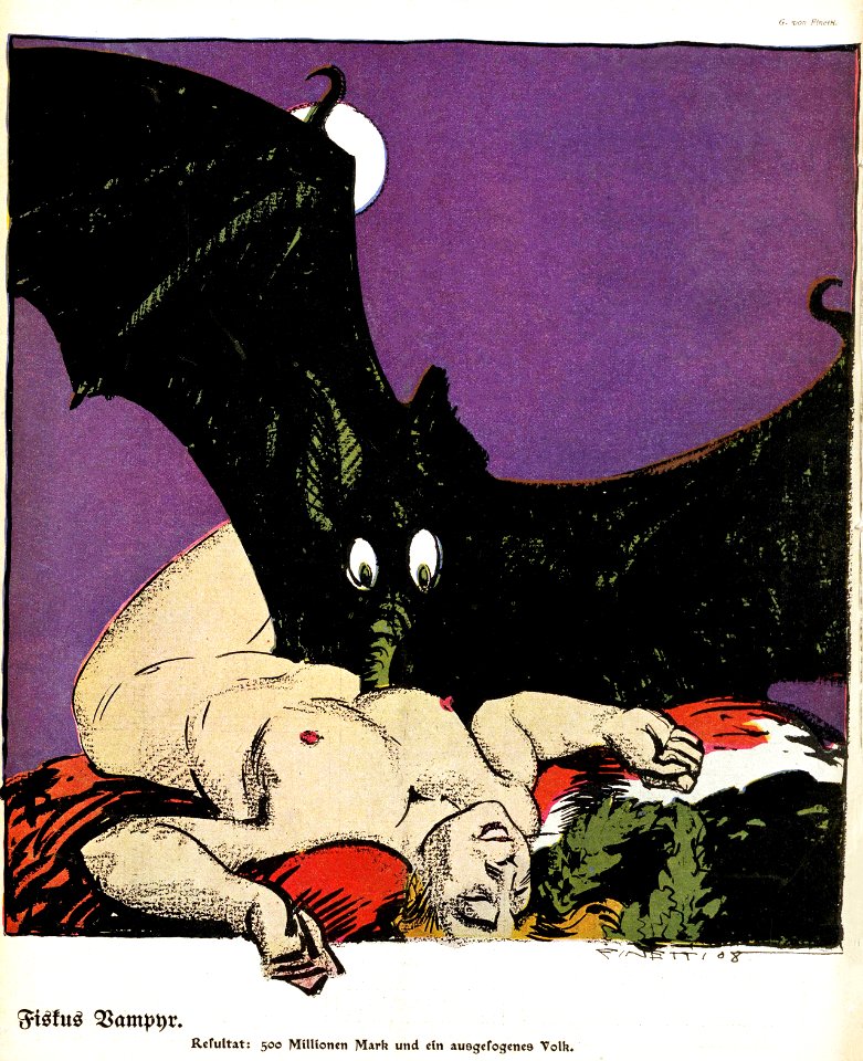 FINETTI, Gino de (1877-1955). 🇮🇹 ‘Fiskus Vampyr’, “Lustige Blätter”, Vol. 23, Nº 45, 1908.. Free illustration for personal and commercial use.