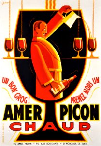 FONTANET, Noel (Noël). 🇨🇭 Un bon grog, prenez alors un Amer Picon chaud!, c. 1938.. Free illustration for personal and commercial use.