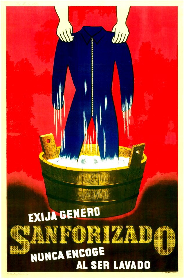 Exija género sanforizado, Nunca encoge al ser lavado, 1942.