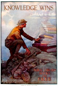 SMITH, Dan. Knowledge Wins, Public Library Books are Free, 1918.. Free illustration for personal and commercial use.