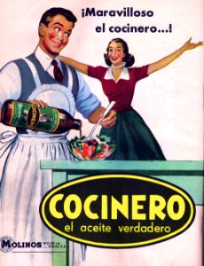 Cocinero, el aceite verdadero, Molinos, Río de la Plata, c. 1950s.. Free illustration for personal and commercial use.