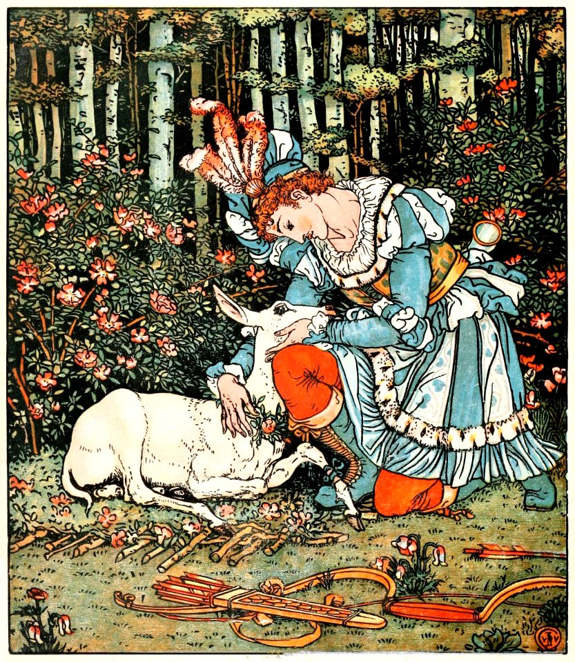 CRANE, Walter (1845-1915).  🇬🇧  ‘The Hind in the Wood’, “Beauty and the Beast Picture Book”, 1911.