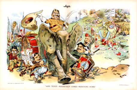 ZIMMERMAN, Eugene (1862-1935). "And Teddy (Roosevelt) Comes Marching Home", Judge magazine, 1898.