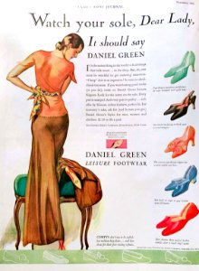 HOLMGREN, R. John (1897-1963).  🇺🇸  "Watch your sole, Dear Lady", Ad for Daniel Green Leisure Footwear, Ladies' Home Journal, Nov. 1931.