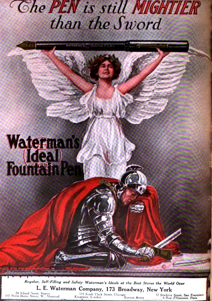 Ad for Waterman Ideal Fountain Pen, "The Pen is Still Mightier than the Sword", 1914.