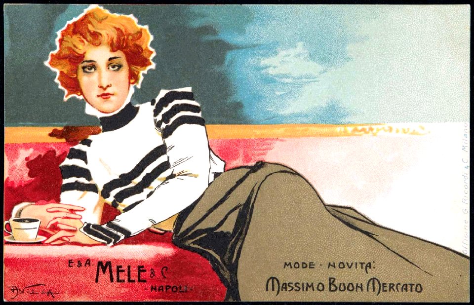 VILLA, Aleardo.  Advertising Postcard for E. & A. Mele & Cia, Mode, Novita.
