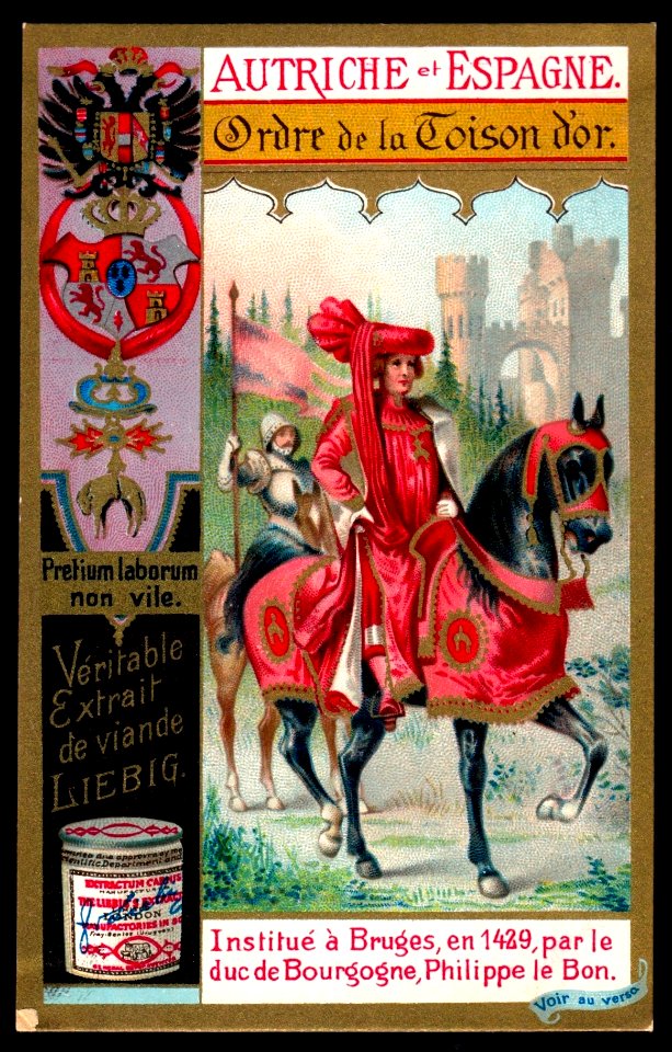 Liebig Trading Card, S597, "Order of the Golden Fleece", Liebig Beef Extract, "Orders of Chivalry", Austria & Spain, Philippe the Good, Duke of Bourgogne, 1429, Belgian issue, 1897.