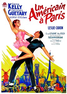 "Un Américain à Paris", directed by Vincente Minnelli, French Film Poster, c. 1951.. Free illustration for personal and commercial use.