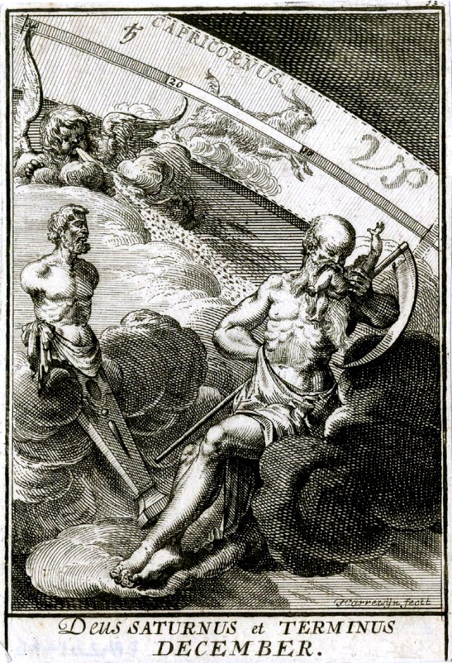 HARREWIJN, Jacobus. December-Saturnus et Terminus, 1698.. Free illustration for personal and commercial use.