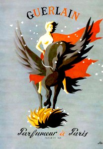 DARCY, Lyse. Ad for Guerlain's 'Flying Horse' perfume, 1949.. Free illustration for personal and commercial use.