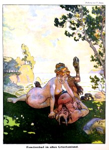 JÜTTNER, Franz (1865-1925). ‘Familienbad im alten Griechenland’, “Lustige Blätter”, Nº 18, 1914.. Free illustration for personal and commercial use.
