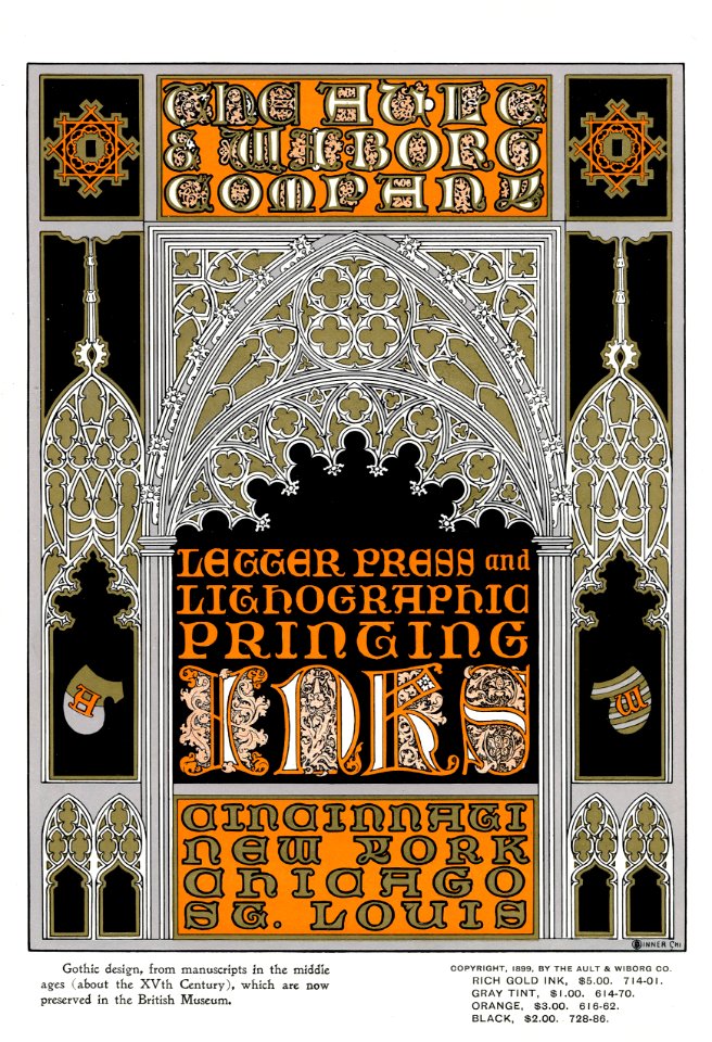 BINNER, Oscar.  Ad for Ault & Wiborg Inks, Gothic Style, 1899.
