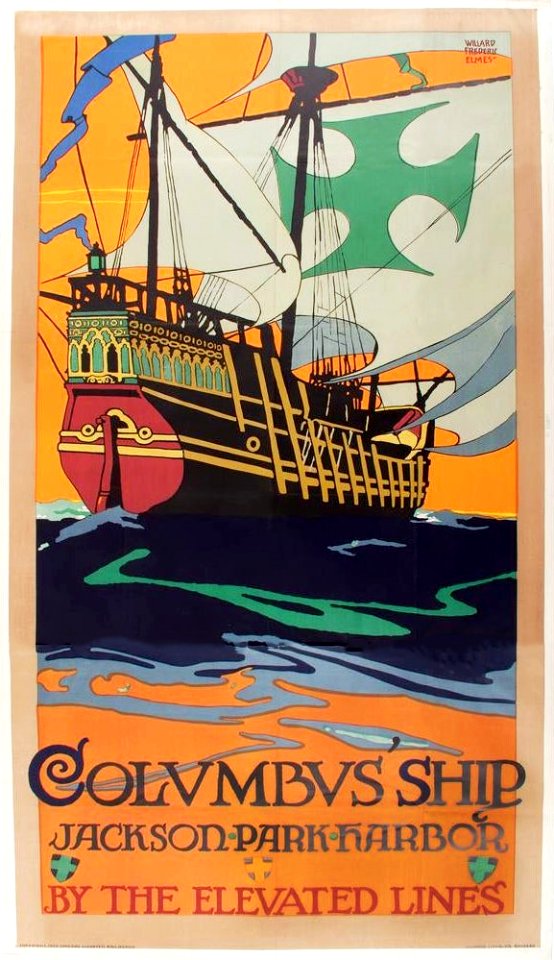ELMES, Willard Frederic (1900-1956) .  🇺🇸  Columbus' Ship, Jackson Park Harbor, 1923.
