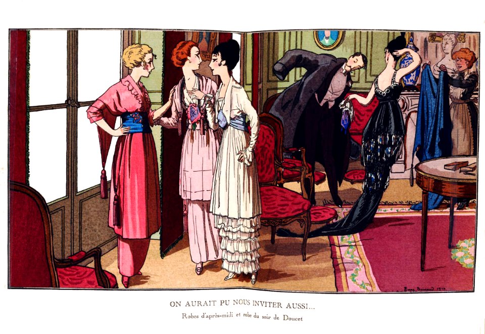 BRISSAUD, Pierre. "On aurait pu nous inviter aussi...", Robes d'après-midi et robe du soir de Doucet, 1914.