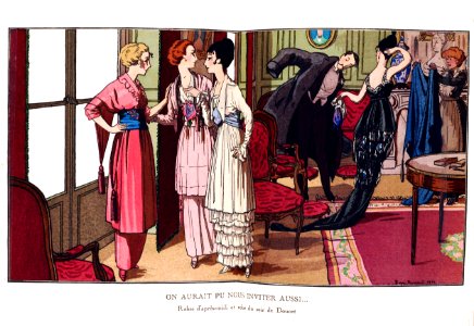 BRISSAUD, Pierre. "On aurait pu nous inviter aussi...", Robes d'après-midi et robe du soir de Doucet, 1914.. Free illustration for personal and commercial use.