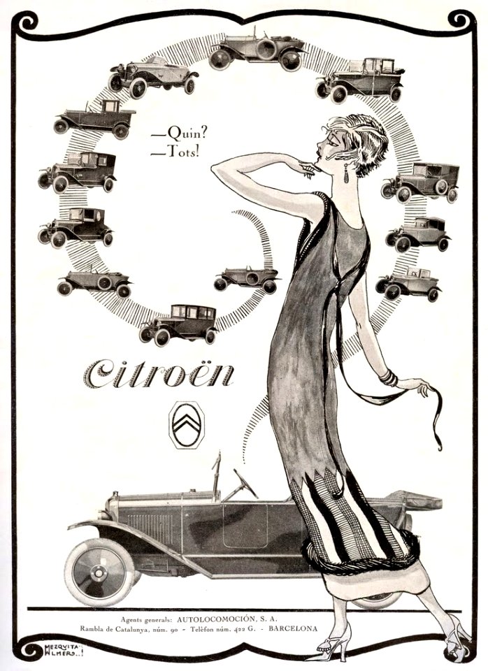 MEZQUITA ALMER, Juan.  Ad for Citroën, "—Quin?  —Tots!", c. 1920s.