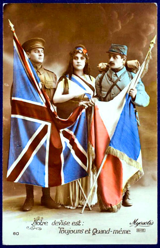 Hand-tinted British-French postcard, 1915.