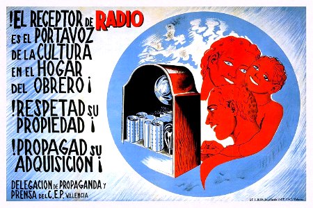 ¡El receptor de radio es el portavoz de la cultura en el hogar del obrero!, c. 1930s.. Free illustration for personal and commercial use.