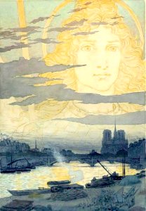 GRASSET, Eugène. [Jeanne d'Arc appearing over the Seine and Notre Dame Cathedral], 1898.. Free illustration for personal and commercial use.