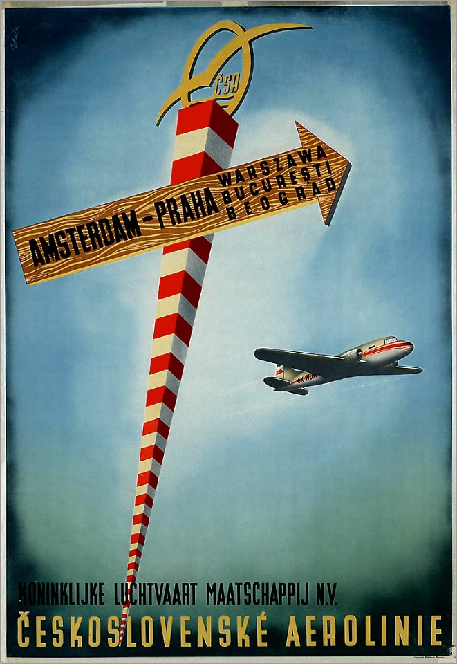 SCHULZ, M. Amsterdam-Praha, KLM-Ceskoslevenské Aerolinie, 1951.. Free illustration for personal and commercial use.