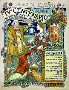 GRASSET, Eugène. IVº Centenario del Descubrimiento de América", Plus Ultra Revista Universal, Reino de España, 1893.. Free illustration for personal and commercial use.