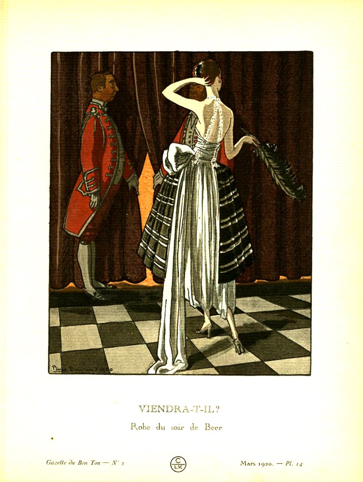 BRISSAUD, Pierre. "Viendra-t-il?" Robe du soir de Beer, Gazette du Bon Ton, March 1920