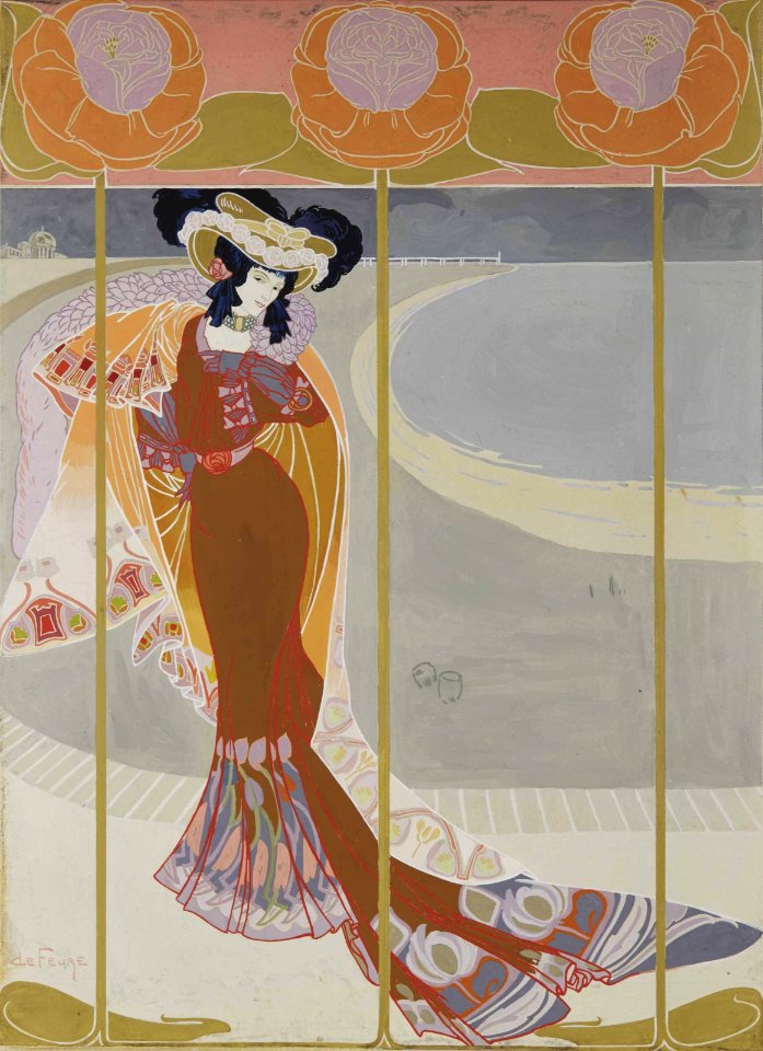 de FEURE, Georges.  Élégante sur la plage.