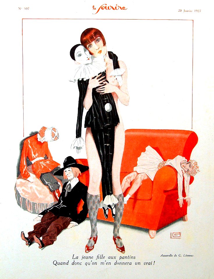 LÉONNEC, Georges. "La jeune fille aux pantins...", Cover of Le Sourire, Jan. 1927.