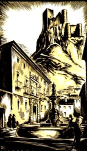 LOYGORRI PIMENTEL, José.  Castillo de Almansa, Albacete, xilografía (woodcut).