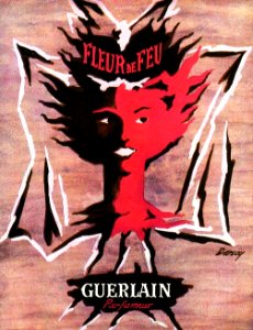 DARCY, Lyse. Ad for Guerlain's Fleur de Feu perfume, 1951.. Free illustration for personal and commercial use.