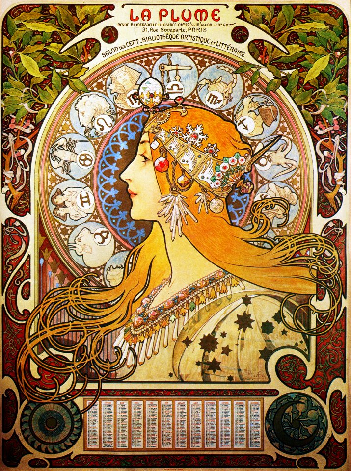 Alphonse Mucha - C4a La Plume/Zodiac, 1896.