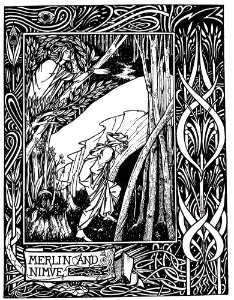 Merlin and Nimue from Le Morte d'Arthur. Free illustration for personal and commercial use.