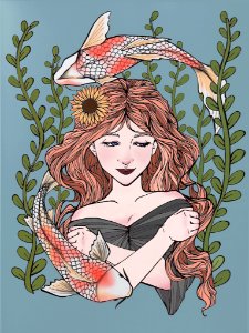 A Little Koi fish and girl. Free illustration for personal and commercial use.