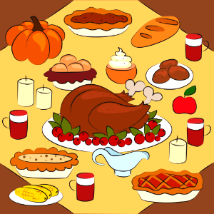 Thanksgiving dinner with turkey dish. Free illustration for personal and commercial use.