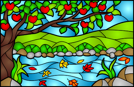 Apple tree river hills. Free illustration for personal and commercial use.