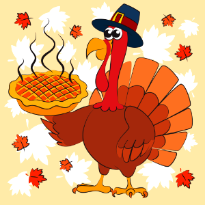 Thanksgiving turkey in pilgrim hat serving hot pumpkin pie. Free illustration for personal and commercial use.