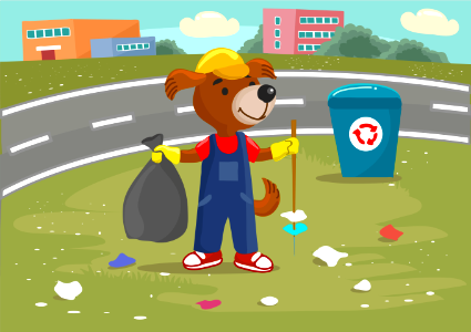 Dog cleanup the garbage. Free illustration for personal and commercial use.