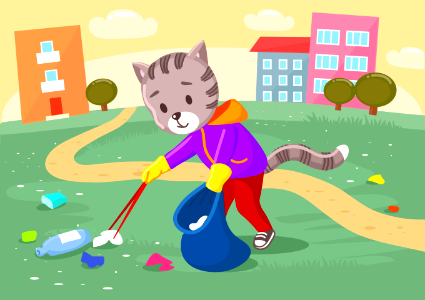 Cat cleanup the garbage. Free illustration for personal and commercial use.
