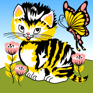 Kitten with flowers and butterfly. Free illustration for personal and commercial use.