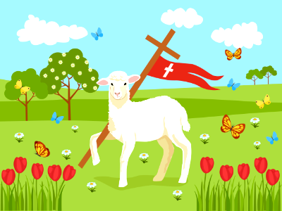 Easter lambs and Jesus's Cross. Free illustration for personal and commercial use.