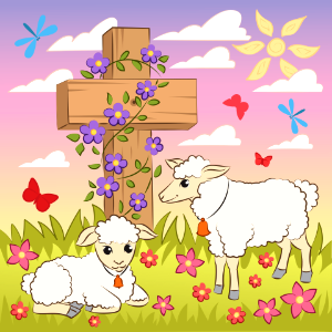 Easter lambs and Jesus's Cross. Free illustration for personal and commercial use.
