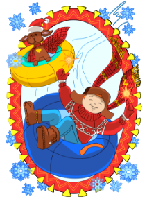 Boy and dog are sledding in winter background for a card vector. Free illustration for personal and commercial use.