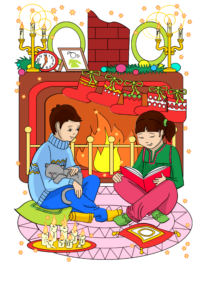 Boy and girl reading tales on christmas eve vector card. Free illustration for personal and commercial use.