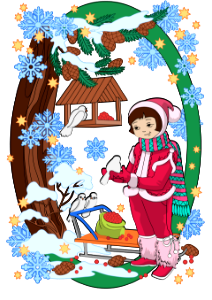 Girl feeding birds in winter card. Free illustration for personal and commercial use.