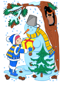 Girl and snowman with present in winter card. Free illustration for personal and commercial use.