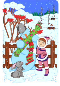 Girl is giving a big candy to a snowman card. Free illustration for personal and commercial use.