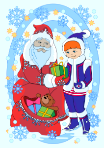 Santa claus is giving a present to a girl. Free illustration for personal and commercial use.