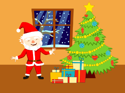 Santa Claus christmas tree and presents. Free illustration for personal and commercial use.
