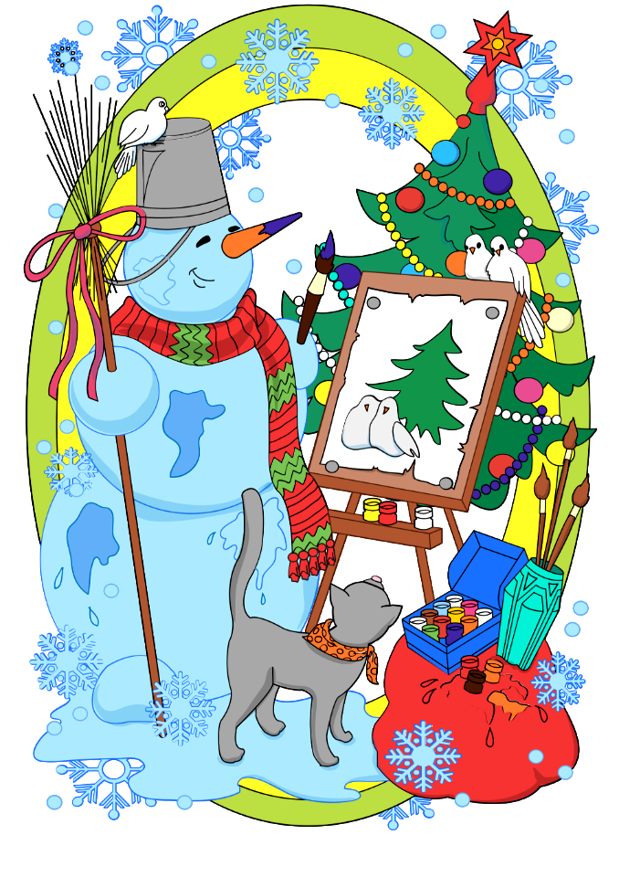 Snowman painting a christmas tree. Free illustration for personal and commercial use.