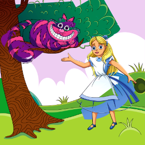 Alice in Wonderland and Cheshire Cat. Free illustration for personal and commercial use.